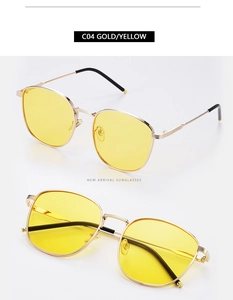 Detail of square gold metal sunglasses with yellow ocean lenses showing side and top view