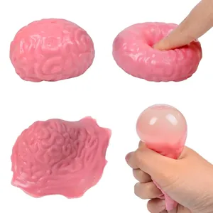 Pink brain-shaped stress relief ball showing squeeze and bubble effects in four views