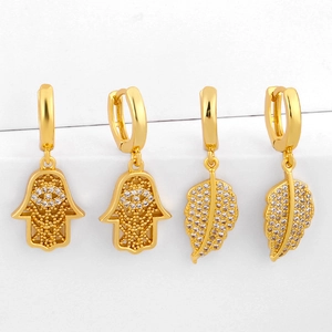 Pendientes De Aro Con Mano De Hamsa Y Hoja Cobre Bañado En Oro 18K Circonita Pavé Mal De Ojo Joyería Boho Chic Mujer