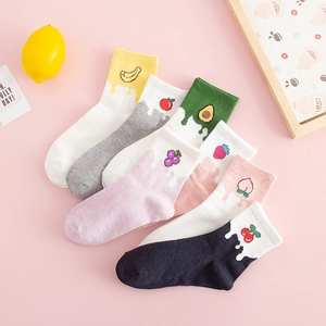 Set of 6 cotton mid-tube socks for women with cute fruit embroidery and wavy cuff design