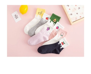 Close-up of cotton socks with fruit embroidery and unique drip-patterned ribbed cuffs