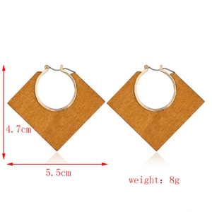Minimalist wooden geometric square hoop earrings with gold metal circle inserts