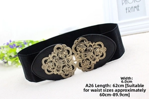Detail of 6cm black elastic waist belt with antique gold hollow carved metal buckle