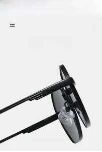 Detail view of square sunglasses with metal hinges, silicone pads and anti-slip temples