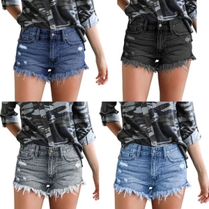 Detailed comparison of high-waist denim shorts in dark blue, black, gray, and light blue