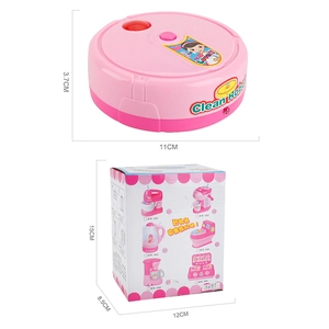 Pink electric robot vacuum cleaner toy for kids with dimension details and display box