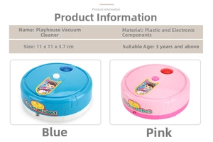 Detail of blue and pink toy robot vacuum cleaners showing product size and cleaning robot stickers