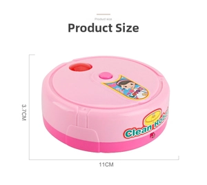 Close-up of pink toy cleaning robot with cartoon sticker and Clean Robot text