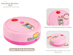 Pink toy sweeper detail showing battery compartment and automatic obstacle avoidance function