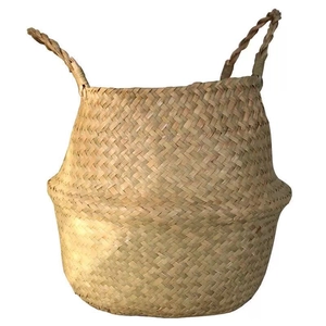 Foldable seagrass woven plant basket with natural handles for indoor home decoration