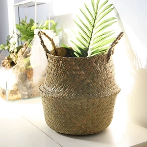 Natural seagrass woven belly basket with handles, foldable plant pot for home decor