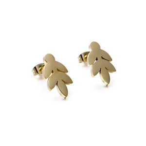 Elegant gold leaf titanium steel stud earrings with diamonds on white background