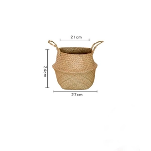 Detailed size chart for woven straw plant basket showing 21x24x27 cm dimensions