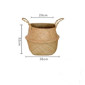 Detailed size specifications for a woven seagrass basket with top, bottom and height markers