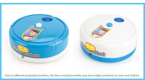 Dual view of electronic toy sweepers in blue and white colors with clean robot stickers