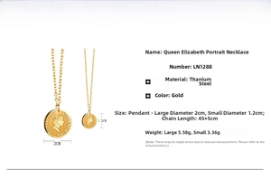 Detailed view of the 18K gold-plated Queen Elizabeth II titanium coin pendant set dimensions