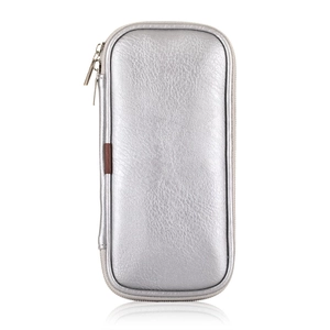 Astuccio da viaggio per pennelli trucco in pelle PU argento con cerniera metallica lucida