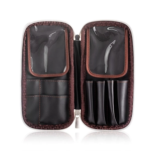 Portable PU leather makeup brush travel organizer in black and brown bicolor design