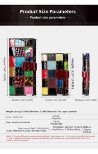 Guide des tailles montrant les dimensions du portefeuille en cuir et sa structure