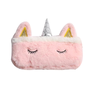 Pink plush unicorn pencil case with silver glitter horn and embroidered eyelashes
