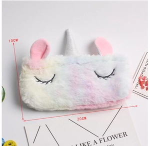 Detailed view of rainbow unicorn plush bag showing dimensions 20cm width and 10cm height