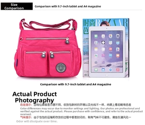 Waterproof nylon shoulder bag compared with 9.7 inch iPad and A4 magazine for size