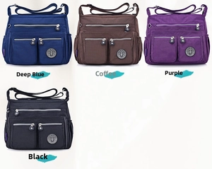 Multiple functional zipper pockets on nylon shoulder bags in blue, coffee, purple and black