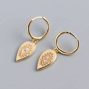 Elegant gold S925 silver teardrop earrings with engraved totem and central zircon