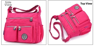 Detailed side and top views of rose red nylon crossbody bag with multiple zip pockets