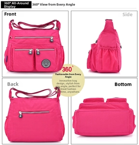 Detail view of pink nylon crossbody bag showing front, side, back and bottom angles