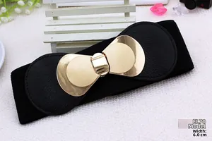 Detail of 6cm wide black elastic belt featuring a golden bow buckle and leather accents