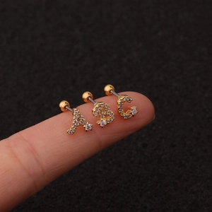 Gold stainless steel A-B-C alphabet stud earrings with rhinestones and star charms