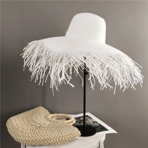 Women's Wide Brim Straw Sun Hat With Frayed Fringe Edge Hand Woven Paper Straw Beach Hat For Summer Vacation Sun Protection