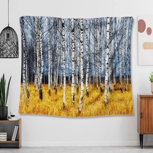 Detail of high-definition autumn birch forest tapestry hanging in a modern living room