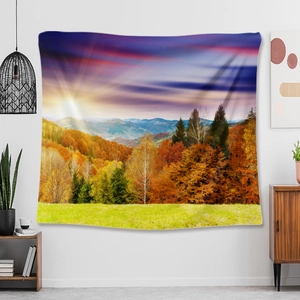 Detail of autumn forest landscape tapestry with sunset colors on a minimalist wall