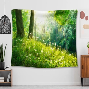 Detailed view of forest wall tapestry showing sunlight filtering through green trees