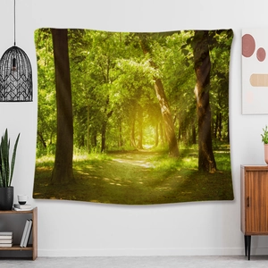 Close-up of a forest landscape tapestry featuring a green path and morning sunlight