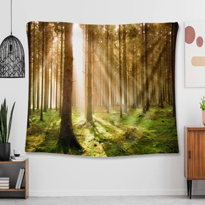 Detail of forest tapestry with morning light rays hanging on a white wall in a modern room