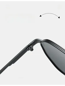 Detail of durable metal hinge on square frame sunglasses with sleek matte finish