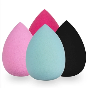 4-piece teardrop makeup sponge set in pink, blue, rose, and black non-latex material