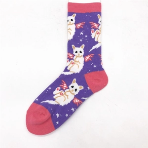 Purple cotton socks with white winged cat and star pattern featuring pink accents