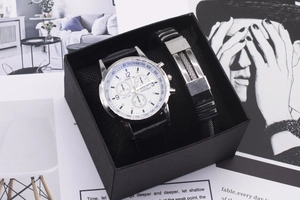 Men's fashion gift set with black leather watch and silver bracelet in a black gift box