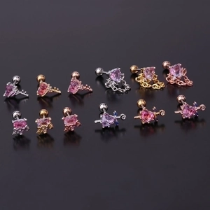 Set of 12 heart-shaped stainless steel cartilage studs with colorful zircon stones