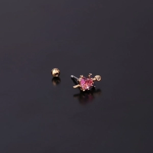 Pink heart zircon ear stud with gold plating and screw back ball for cartilage piercing