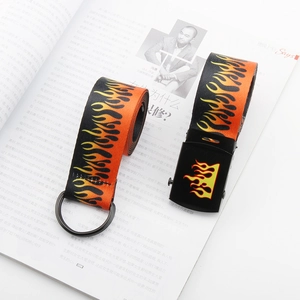 Detail of canvas belt with orange flame pattern and metallic double D-ring buckle
