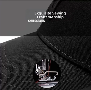 Macro detail of high-density double stitching on the durable black cotton baseball cap