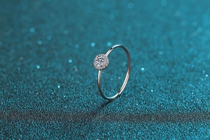 Macro shot of S925 silver ring featuring a round moissanite with a sparkling halo setting