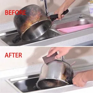 Kitchen scouring sponge block showing before and after cleaning of burnt pan stains
