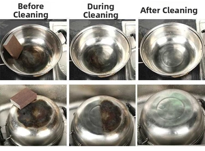 Macro detail showing carborundum sponge removing heavy grease and rust from a steel pan