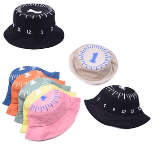 Child cotton bucket hat with clock dial print in multiple colors for sun protection